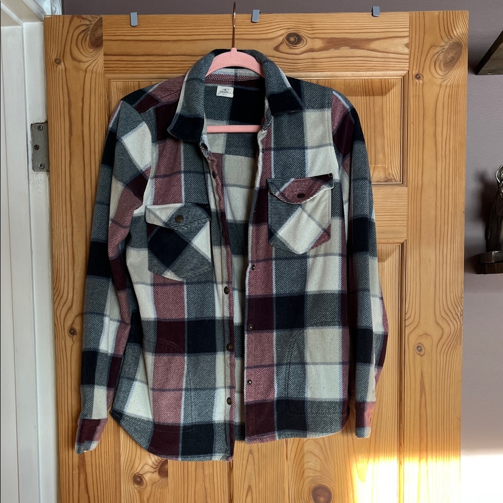 O'Neill Plaid Utility Shacket in White, Black & Burgundy